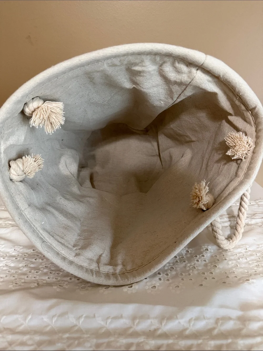 Canvas 'Rise and Shine' Beige Storage Bin with Rope Handles